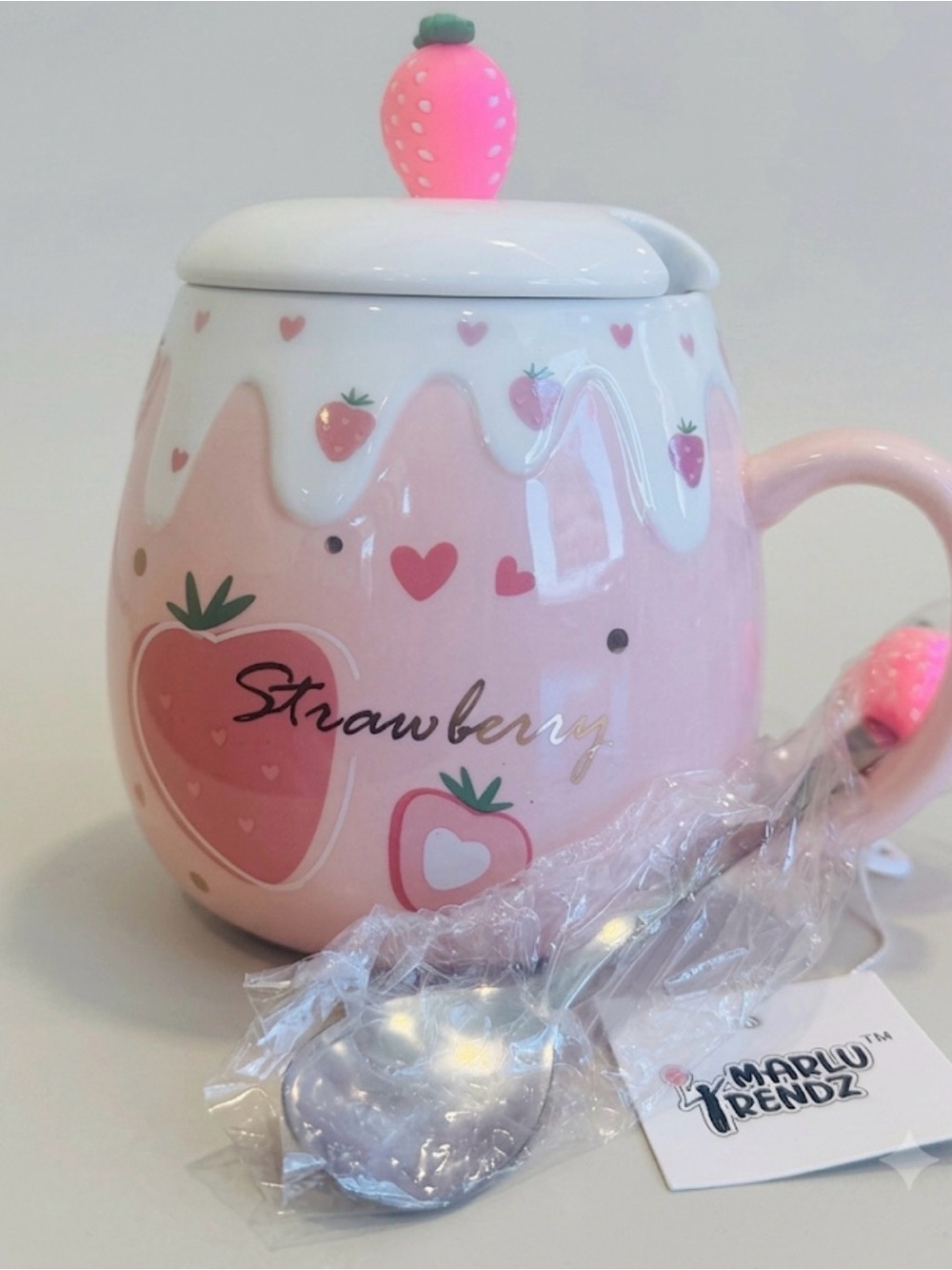 Pink Strawberry Ceramic Mug with Lid and Spoon